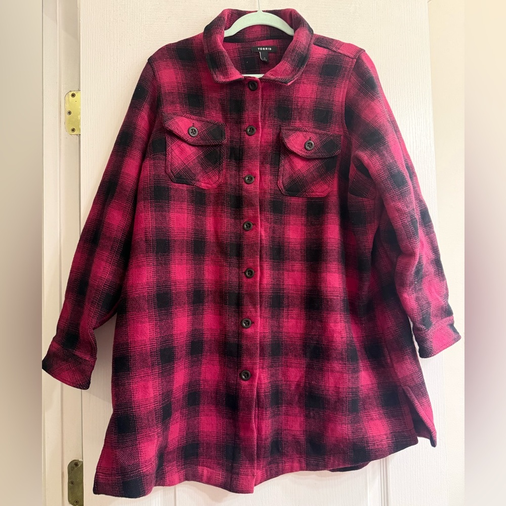 Torrid Fuschia & Black Plaid Button-Front Cotton Midi Shacket Jacket - size 1